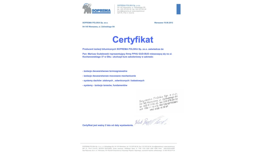 Certyfikat SOPREMA POLSKA z 19.06.2012 dla firmy GUD-BUD